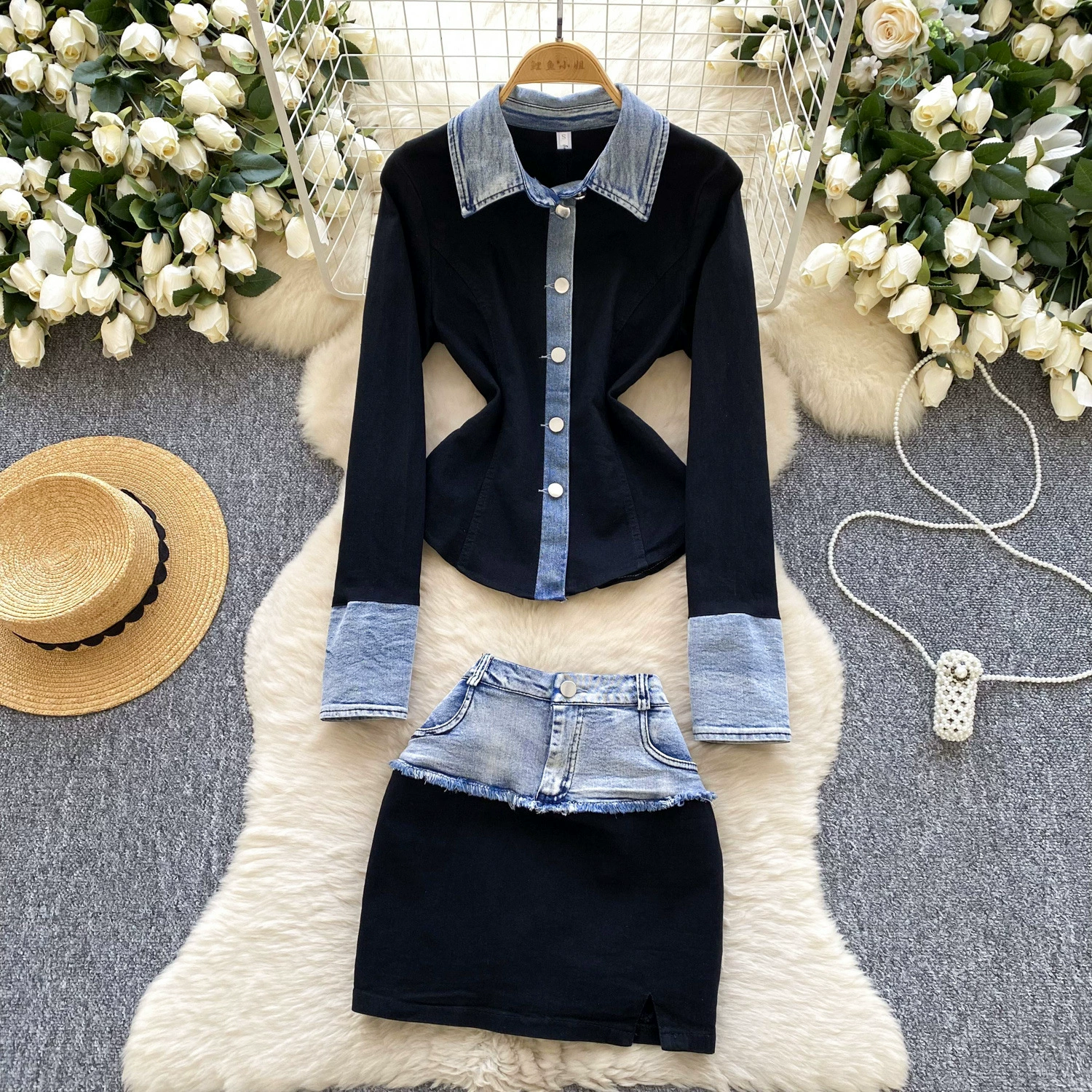 Американский стиль ретро джинсовый отворот с длинными рукавами топ с высокой талией