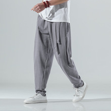 亚麻休闲裤男大码中国风小脚纯色萝卜裤棉麻裤宽松日系麻裤哈伦裤