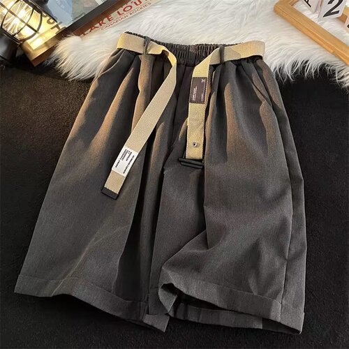Pure Color Belt Suit Shorts Men Casual Loose Ins Trend Thin Outerwear Sports Five-Finger Wide Leg Mid Pants