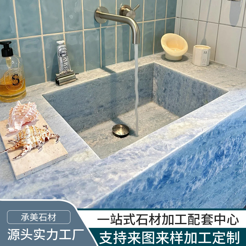 Source Factory Blue Crystal Luxury Stone Washbasin Natural Marble Luxury Stone Kitchen Bathroom Bathroom Villa Hotel