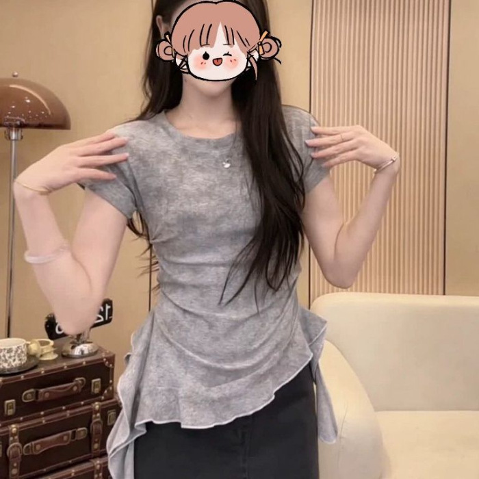 ドーパミン不規則絞り染めリボン半袖フリルTシャツ裾夏新作デザインスリムフィットトップ|undefined