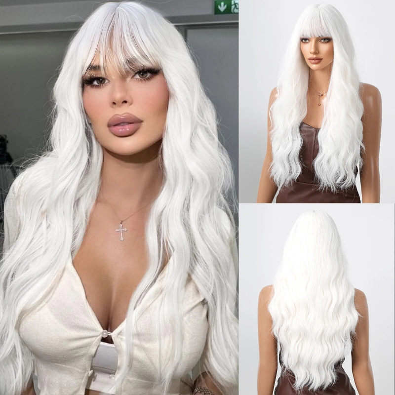 White Long Wave Cosplay Wig Synthetic Girl Costume Halloween Party Long Curly Hair White Long Wave Cosplay Wig Synthetic Girl Costume Halloween Party Long Curly Hair