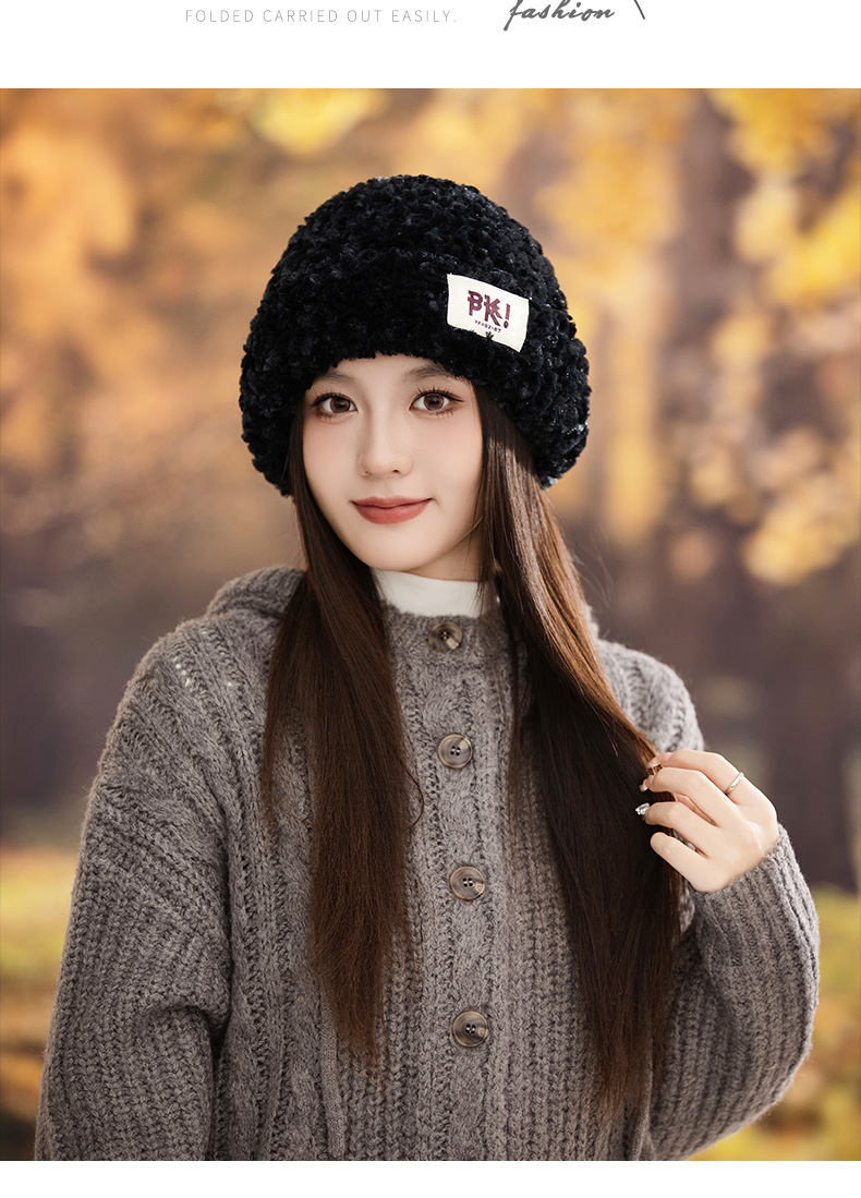Autumn Winter New Cute Stretchy Knitted Korean Style Versatile Plush Outdoor Windproof Warm Pullover Hat_voghion.com