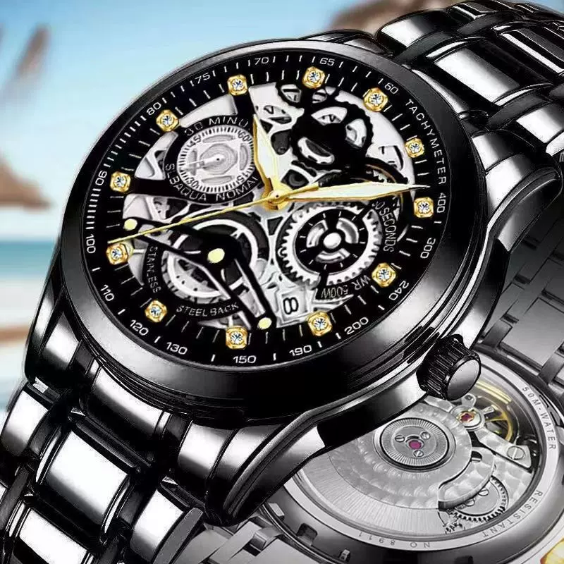 直播代发一件代发男士全自动防水夜光镂空抖音时尚假机械手表透底