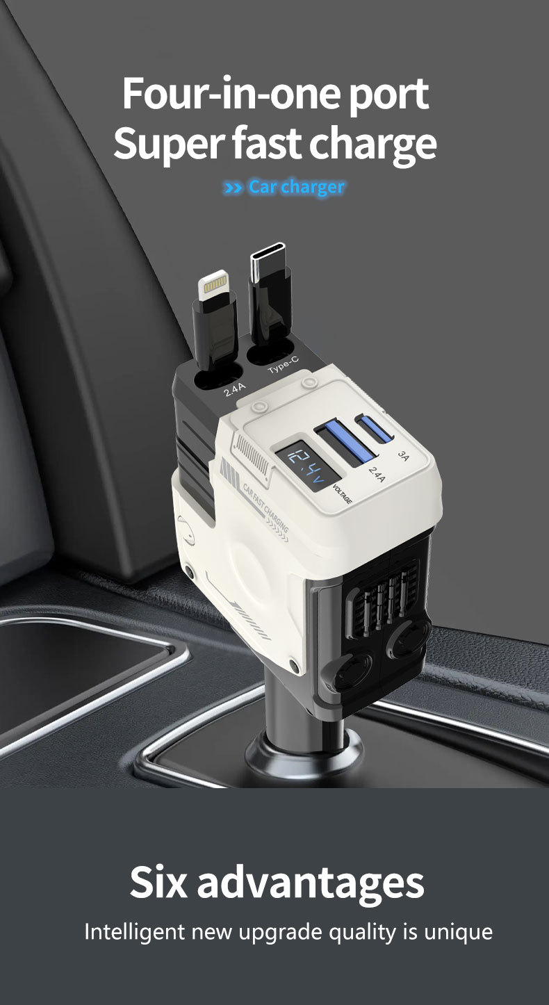 Mecha Car Charger 120W Super Fast Charging Car Mobile Phone Charger with Built-In Retractable Cable and Digital Display Car Charger
