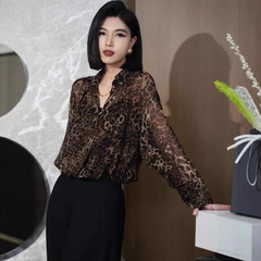 法式别致设计感小众辣妹风豹纹雪纺衫上衣女2025秋季新款长袖衬衫