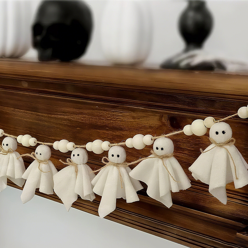 新しいハロウィンウッドビーズガーランドホワイトゴースト布人形木製ビーズ DIY ホーム暖炉装飾吊り装飾品|undefined