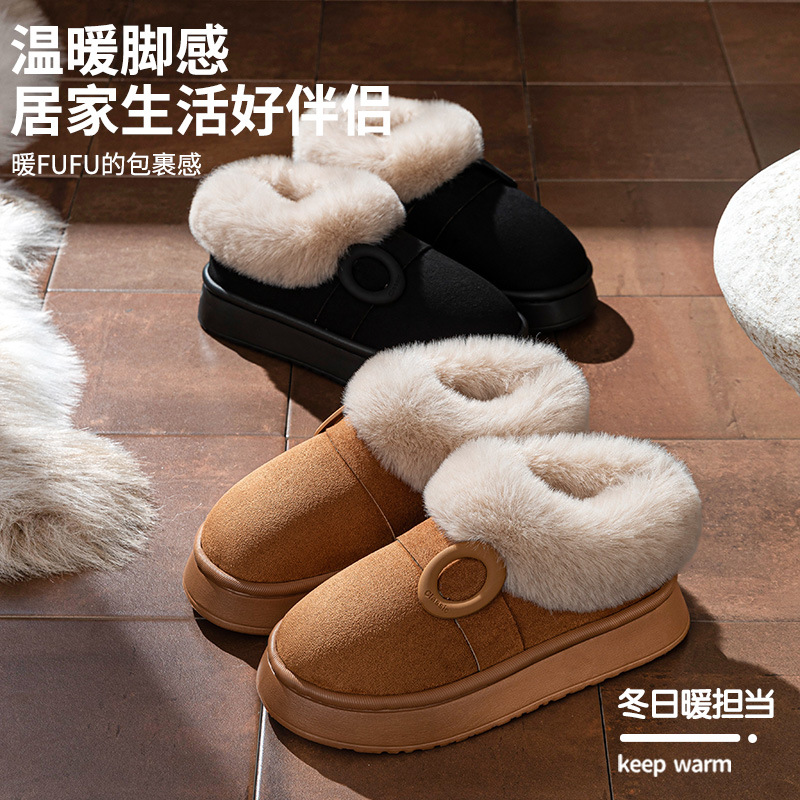 圆扣棉拖鞋女秋冬新款全包跟雪地靴情侣居家外穿加绒保暖厚底棉拖
