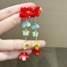 超仙彩色串珠花瓣长款流苏耳钉女出游度假风俏皮灵动配饰秋季新款