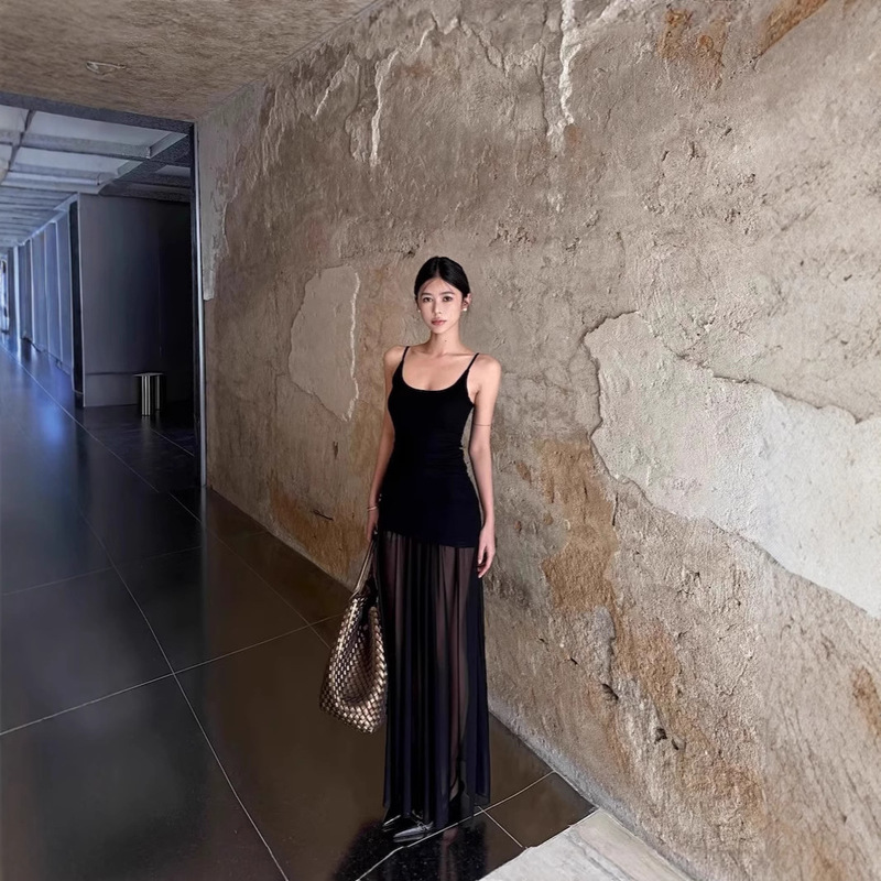 Mesh Splicing Black Suspender Dress Women's Summer Elegant Slim A-Line Skirt Slimming Look Waist Vacation Long Skirt