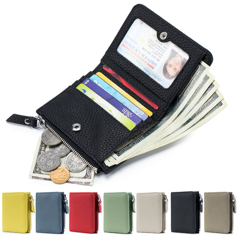 First-Layer Cowhide Ultra-Thin Short Wallet Large Capacity Women's Japanese-Style Rfid Wallet Zipper Coin Pocket Card Holder Cross-Border