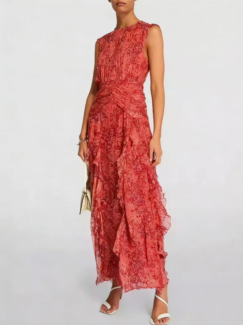 2026 Europeu e americano transfronteiriço nova primavera e verão sem alças Europeu e americano feminino com decote em V chiffon estampado fada vestido de noite de temperamento longo