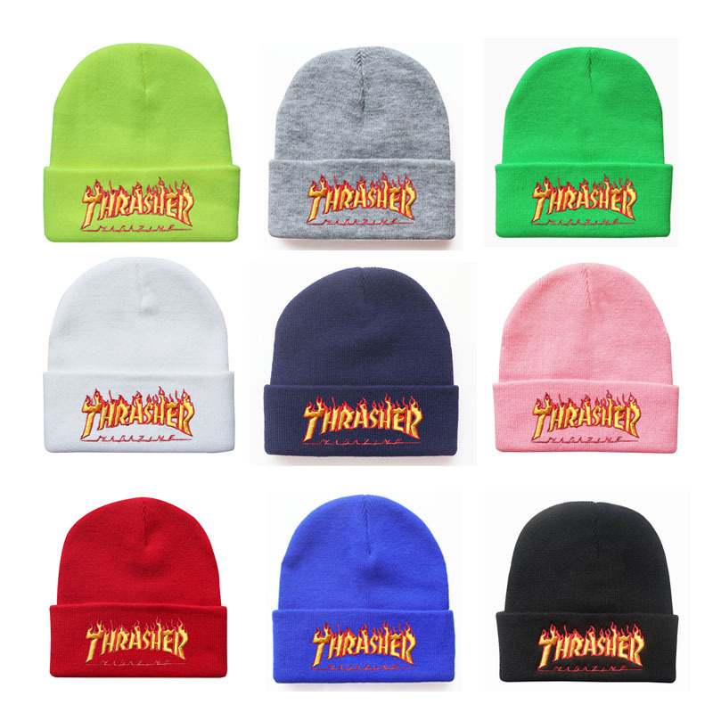 남성과 여성을위한 패션 브랜드 화염 THRASHER 편지 수 놓은 니트 모자 가을과 겨울 모자 양모 모자 차가운 모자