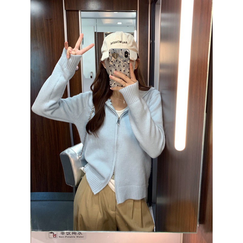 Double Zipper Hooded Sweater Jacket for Women in Autumn and Winter New Style Gentle Style Slimming Look Age-Reducing Elegant Short Knitted Cardigan for Women