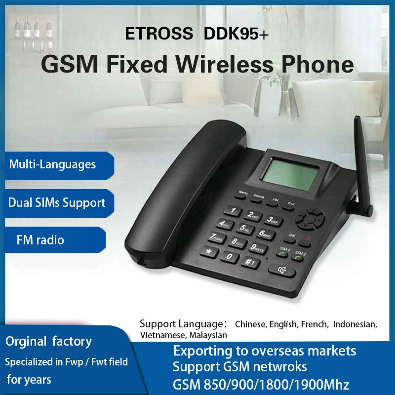 Беспроводной карточный телефон DDK995+GSM поддерживает многоязычные функции, две SIM-карты, для бизнеса и домашнего использования, а также функции стационарного телефона.