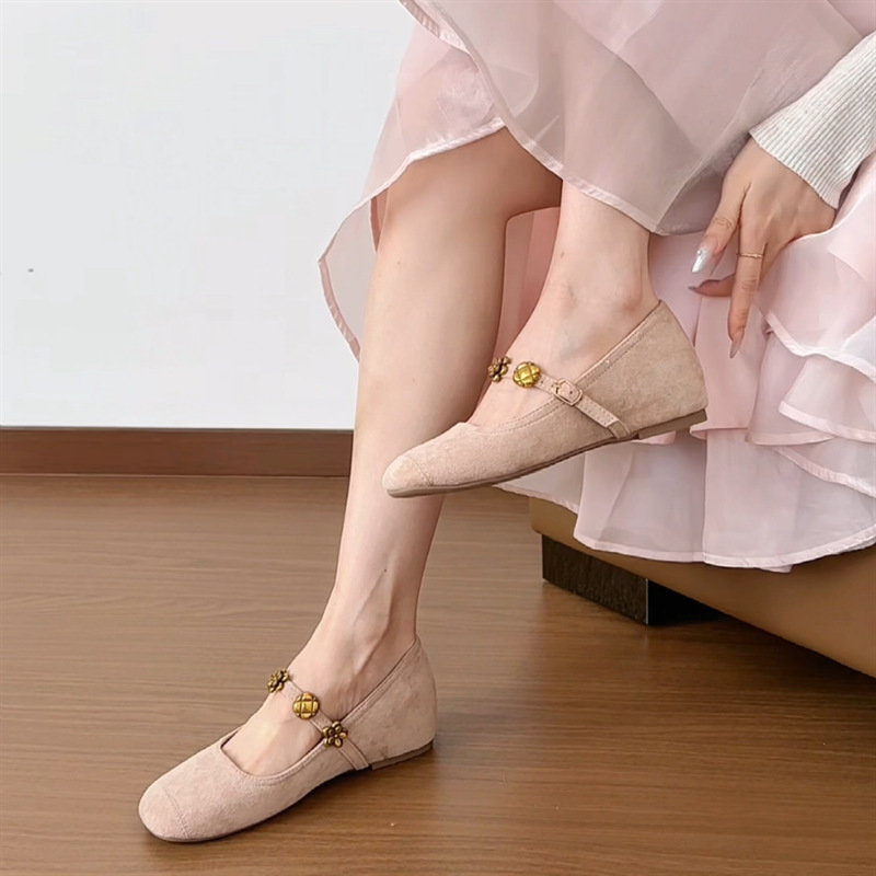 007-Z92 Ballet Fairy Suede Round Toe Shallow Mouth Height Increasing Shoes with 3cm Internal Increase for Spring and Autumn Flat Mary Jane
