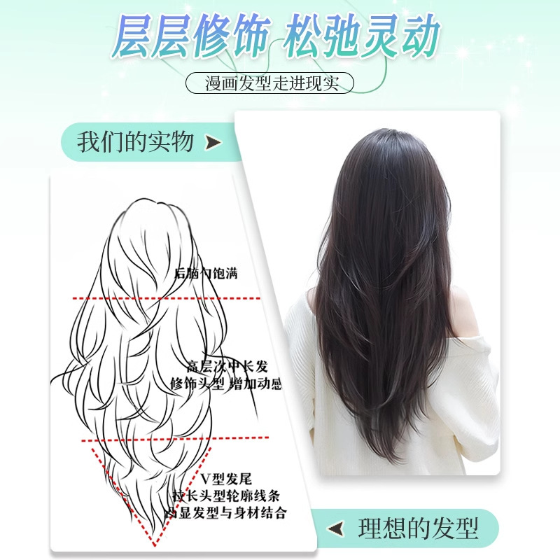 かつらの長い髪の一枚の高レベルv型精修シミュレーション髪の増発量がふわふわしていて、薄くて、跡のない髪の切れです。|undefined