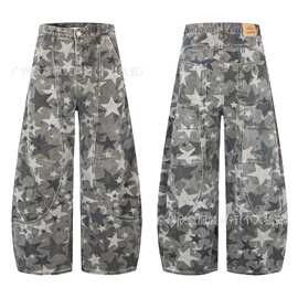 美式复古星星印花弯刀牛仔裤男女宽松休闲百搭阔腿拖地长裤