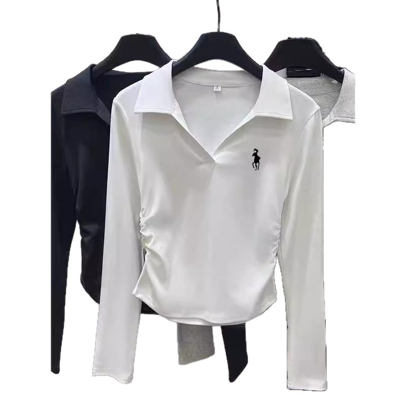 Women's Slim Fit Embroidered Base Layer T-Shirt Long Sleeve Collared Design Off-Shoulder Top For Autumn Winter Unique Style_voghion.com