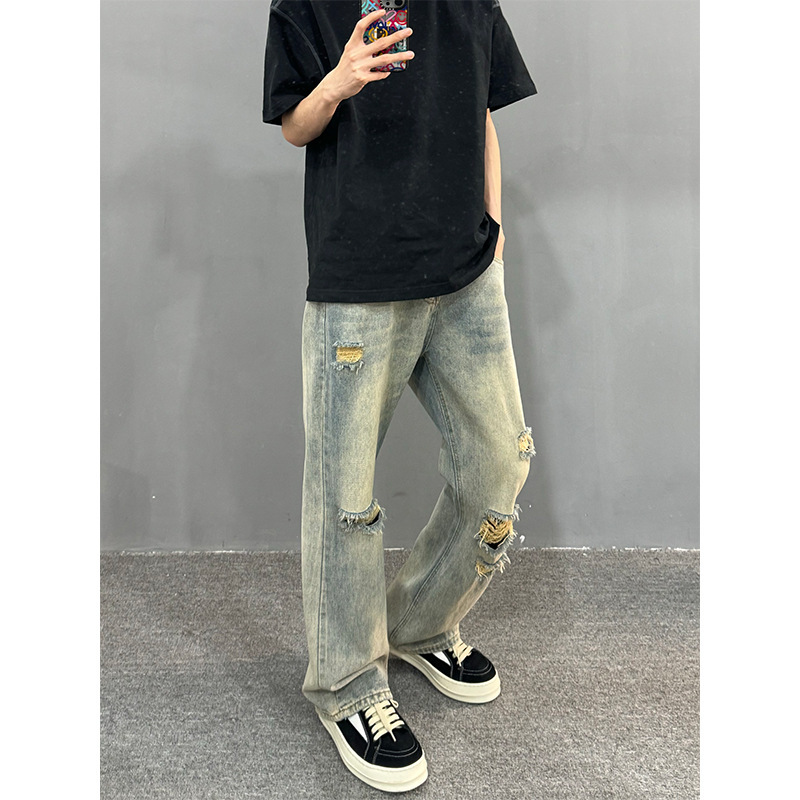 American Style High Street Washed Ripped Jeans Men's Summer Thin Pants Slim-Fit Slimming High Waist Straight Pants