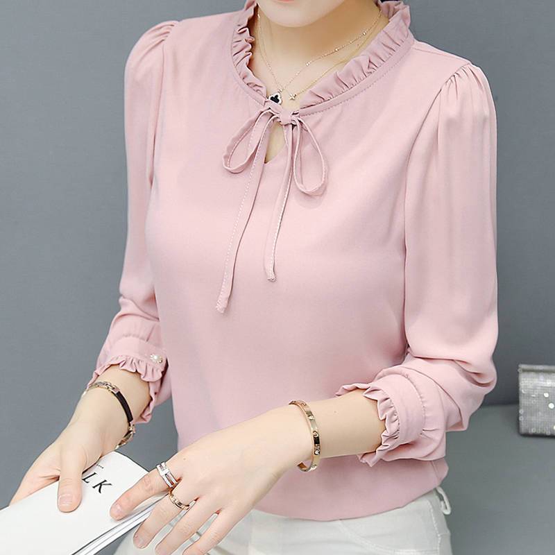 Spring elegant solid color shiffon base shirt with bow
