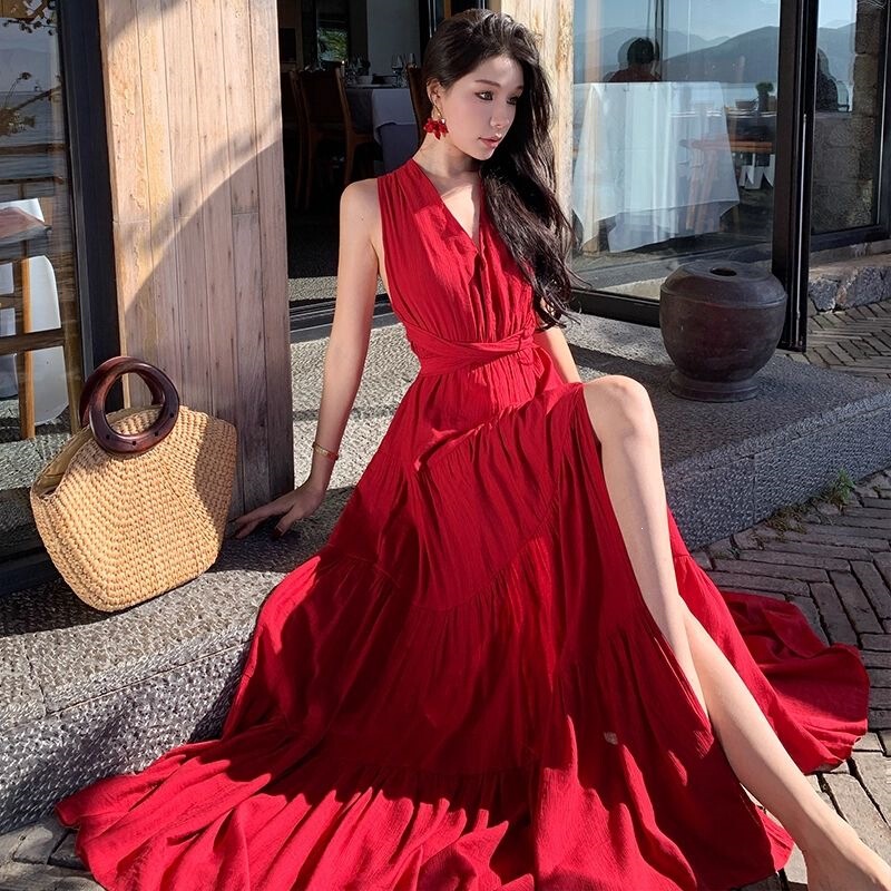 Red Halter Neck Dress for Women for Seaside Desert Vacation, Sanya Travel Outfit, Sexy Backless Slit Dress for Photos Red Halter Neck Dress for Women for Seaside Desert Vacation, Sanya Travel Outfit, Sexy Backless Slit Dress for Photos