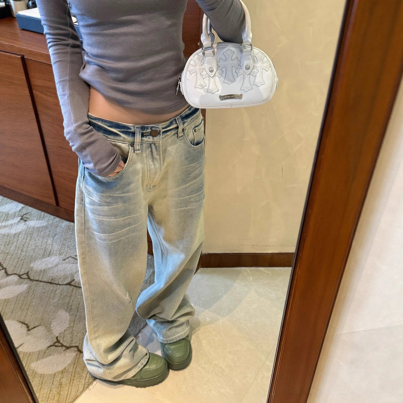 Light Washed Gradient Jeans for Women Autumn New Low-Waist Loose Lazy Wide-Leg Casual Pants