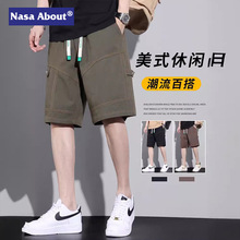 NASA工装短裤男士夏季薄款宽松加大码纯棉休闲美式复古五分马裤子
