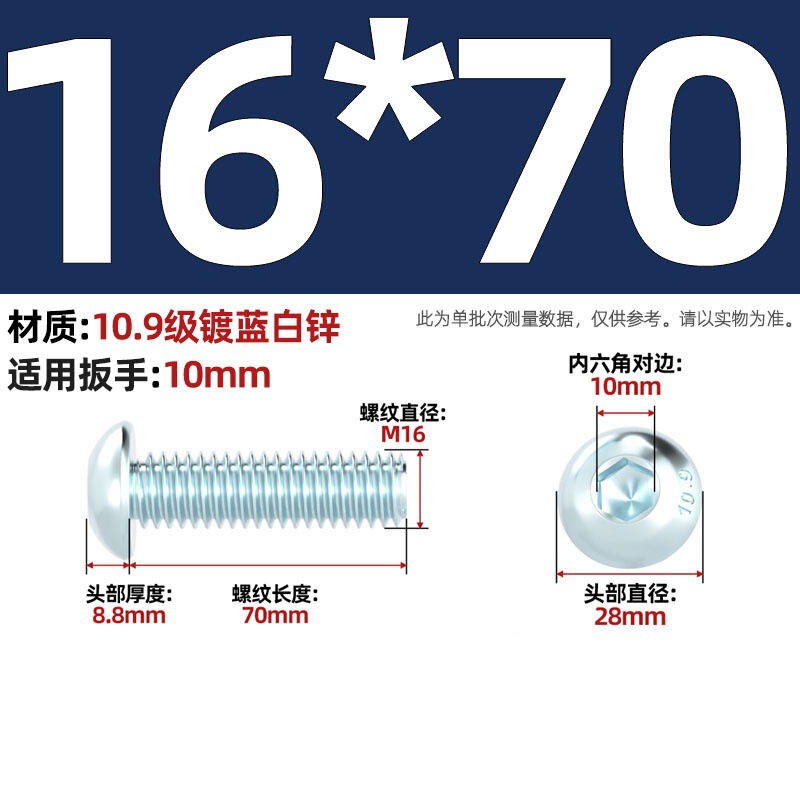 グレード 10.9 青白亜鉛メッキ丸頭六角穴付きネジ、半丸頭ボルト、キノコ頭なべネジ|undefined