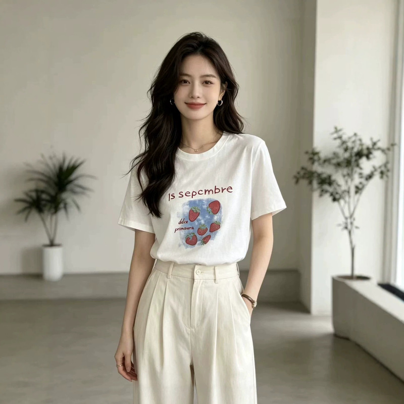 Short-Sleeved T-Shirt for Women 2026 Spring and Summer New Style Women's Korean Fashion Strawberry Print Round Neck Bottoming Shirt Top for Women