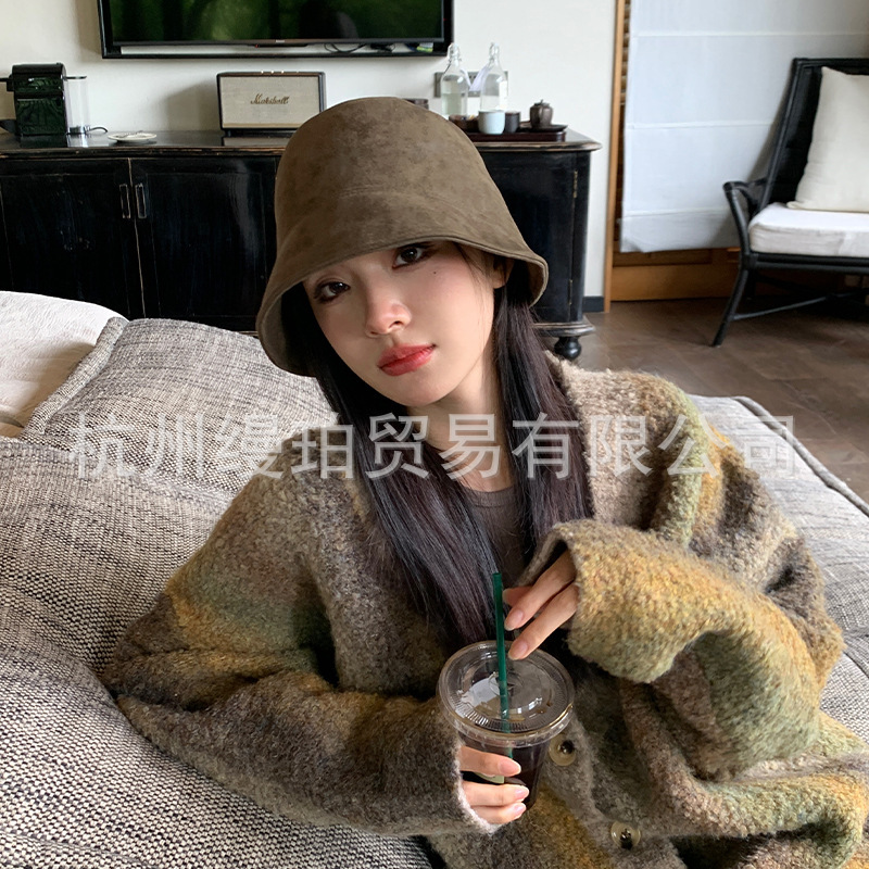渔夫帽女春秋日系百搭麂皮绒盆帽素颜遮脸水桶帽疏离感帽子质感好|undefined