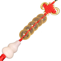 Copper Five Emperors Coins with White Jade Gourd, Six Emperors Copper Coins paired with a Mantra Gourd featuring the Six-Character True Mantra—Perfect for Home and Living Room Decorations