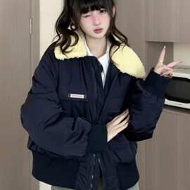 美拉德复古短款羊羔毛棉衣棉服女2026冬季宽松加厚保暖工装外套女
