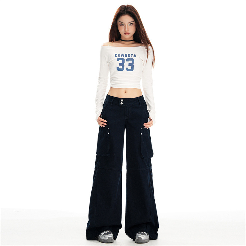 藏青色棉制高腰微辣钉珠双扣工装牛仔裤女纯色美式辣妹垂感拖地裤|undefined