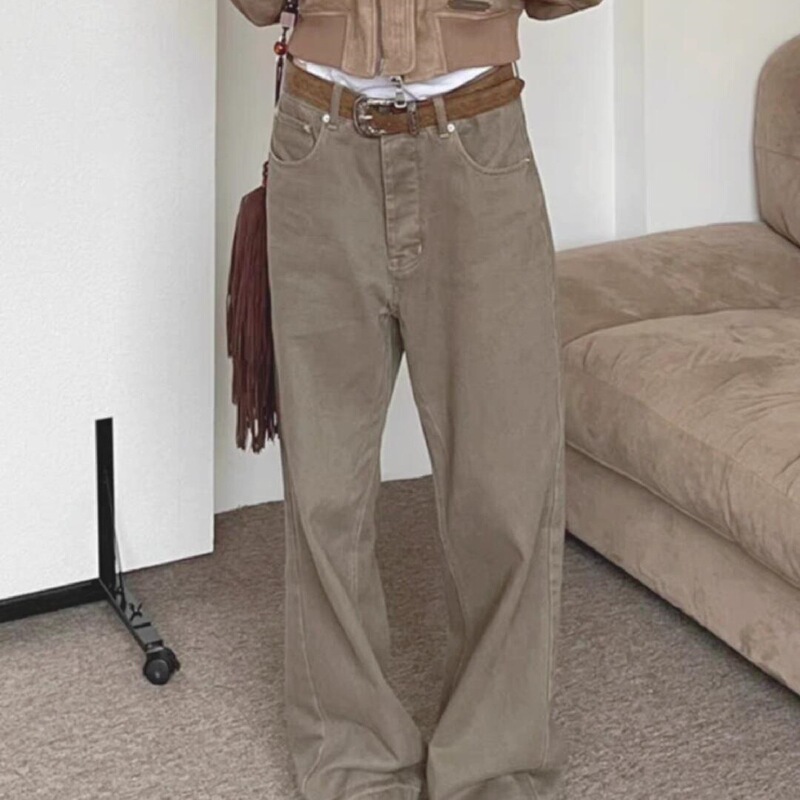 Meladzi Wide-Leg Jeans Casual Autumn and Winter Retro Floor-Length Pants for Men and Women High Street Coffee Color American Style