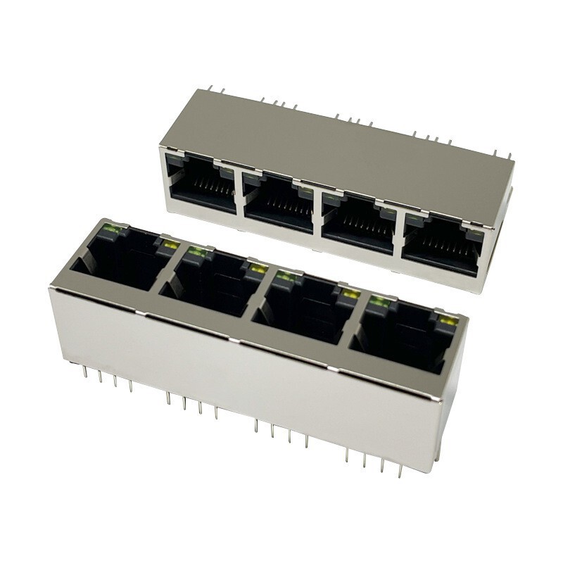 1X4 Vertical Ethernet Rj45 Connector with Light, Rj45 Female Socket 8P8C Network Port Socket Rj45 Network Port