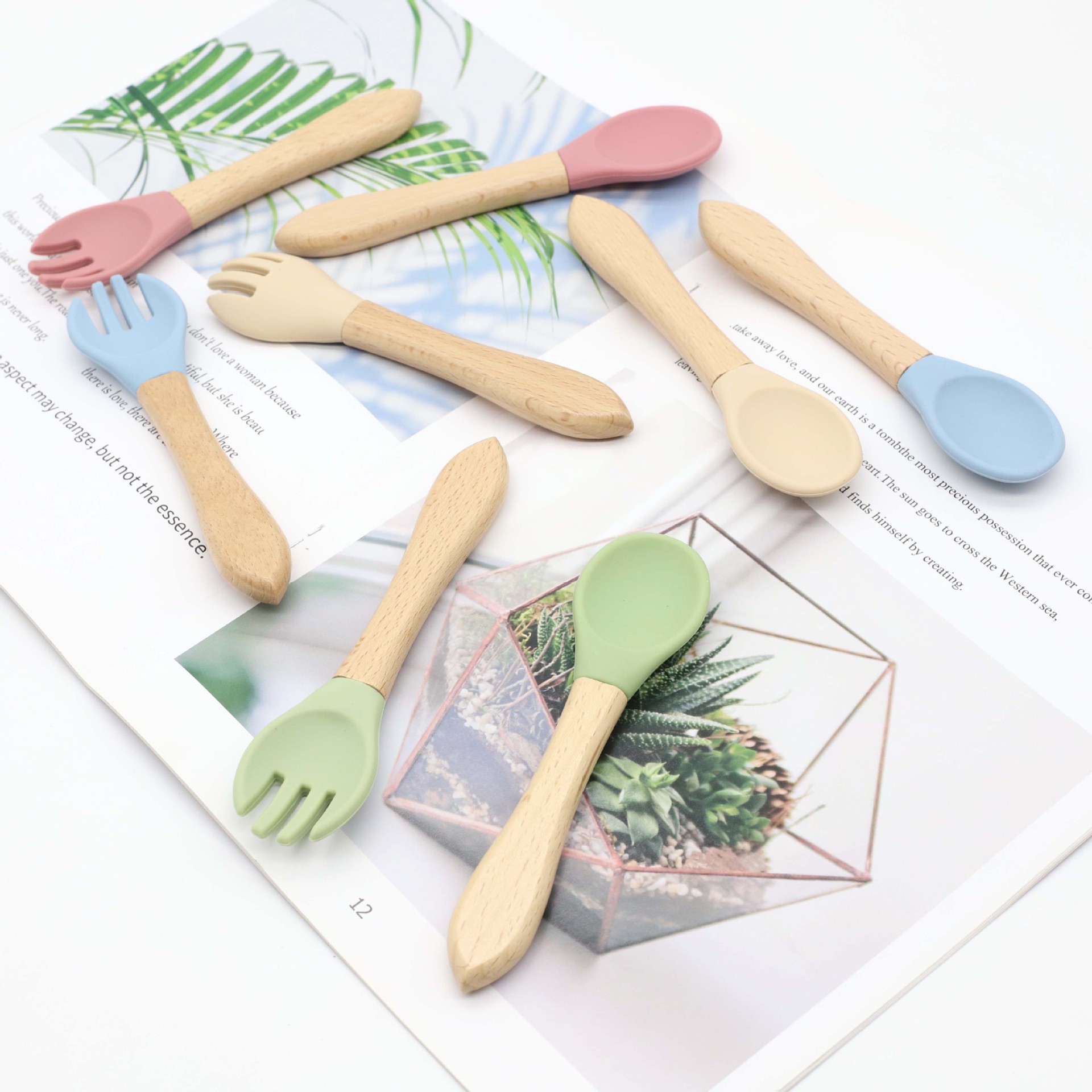 Cross-border Baby Silicone Wooden Handle Spoon Fork Supplementary Tableware suit Feeding Meal Training Soft Spoon Maternal and Infant Supplies