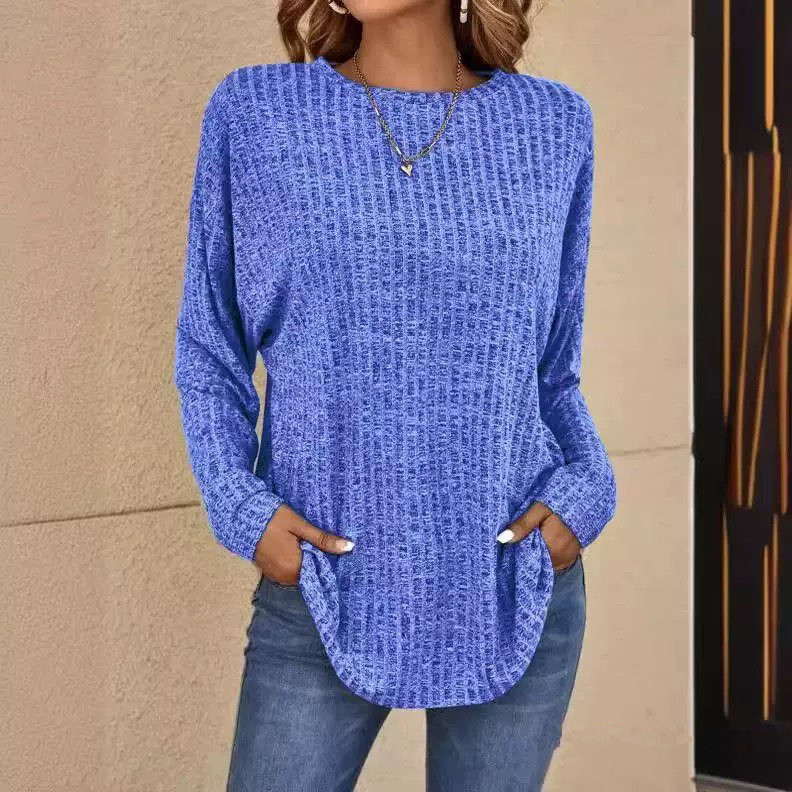 Amazon Wish 2025 European and American Style Spring and Autumn Round Neck Ribbed Long-Sleeve Loose T-Shirt for Women, Fashionable and Versatile