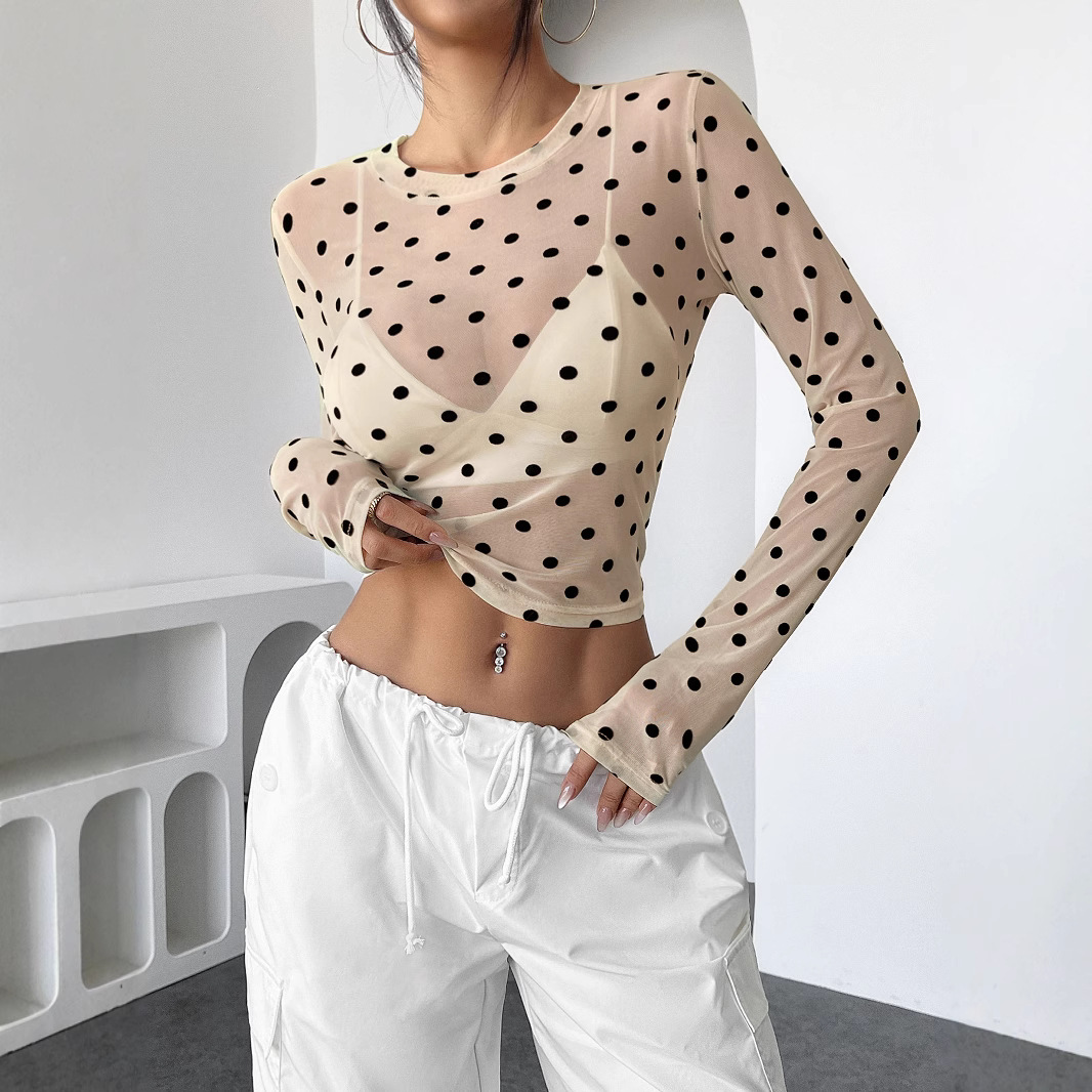 European and American cross-border 2025 spring and summer new hot girl design perspective polka dot slim mesh round neck long sleeve T-shirt for women