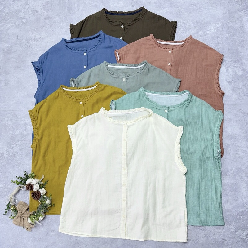 Japanese-Style Ruffled Double-Layer Sleeveless Top Summer Thin Loose Cool Breathable Solid Color Cotton Shirt for Women Thin