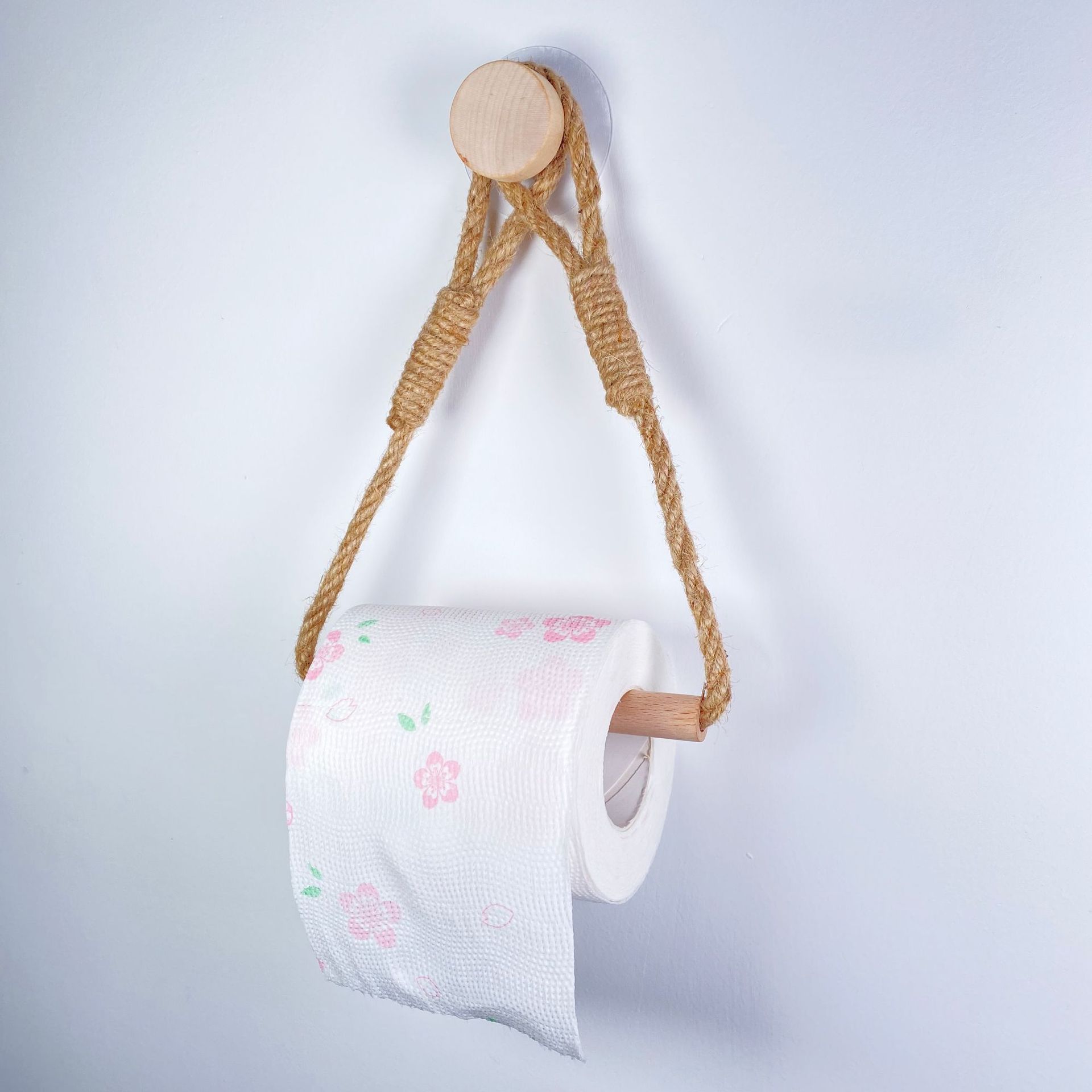 Cross-Border No-Drill Tissue Holder Woven Bathroom Hemp Rope Wooden Tube Towel Rack Bath Towel Rack Kitchen Storage Rack