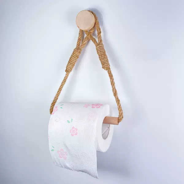 Cross-Border No-Drill Tissue Holder Woven Bathroom Hemp Rope Wooden Tube Towel Rack Bath Towel Rack Kitchen Storage Rack