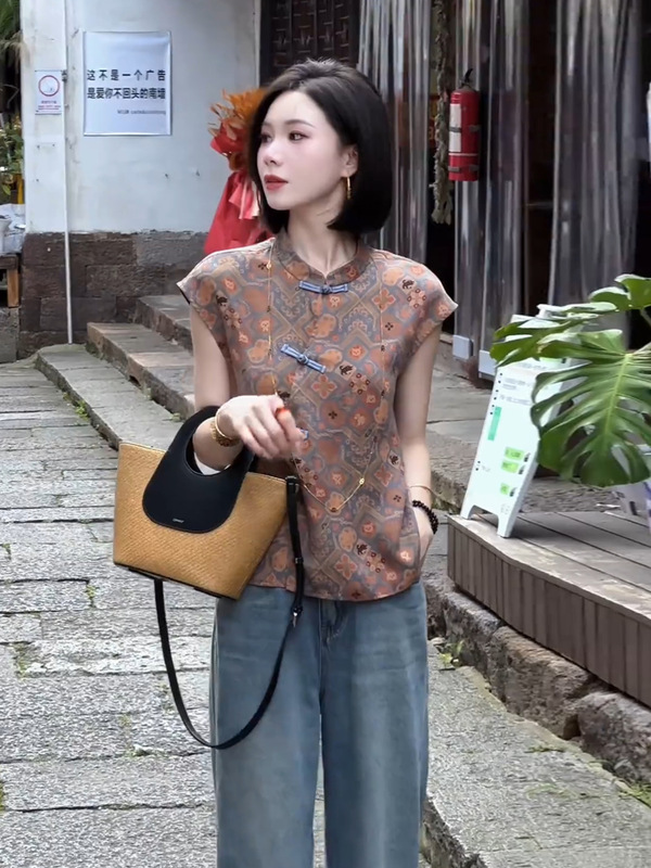 新中式国风衬衫女2025夏季新款时尚设计感盘扣印花短袖立领上衣潮|undefined