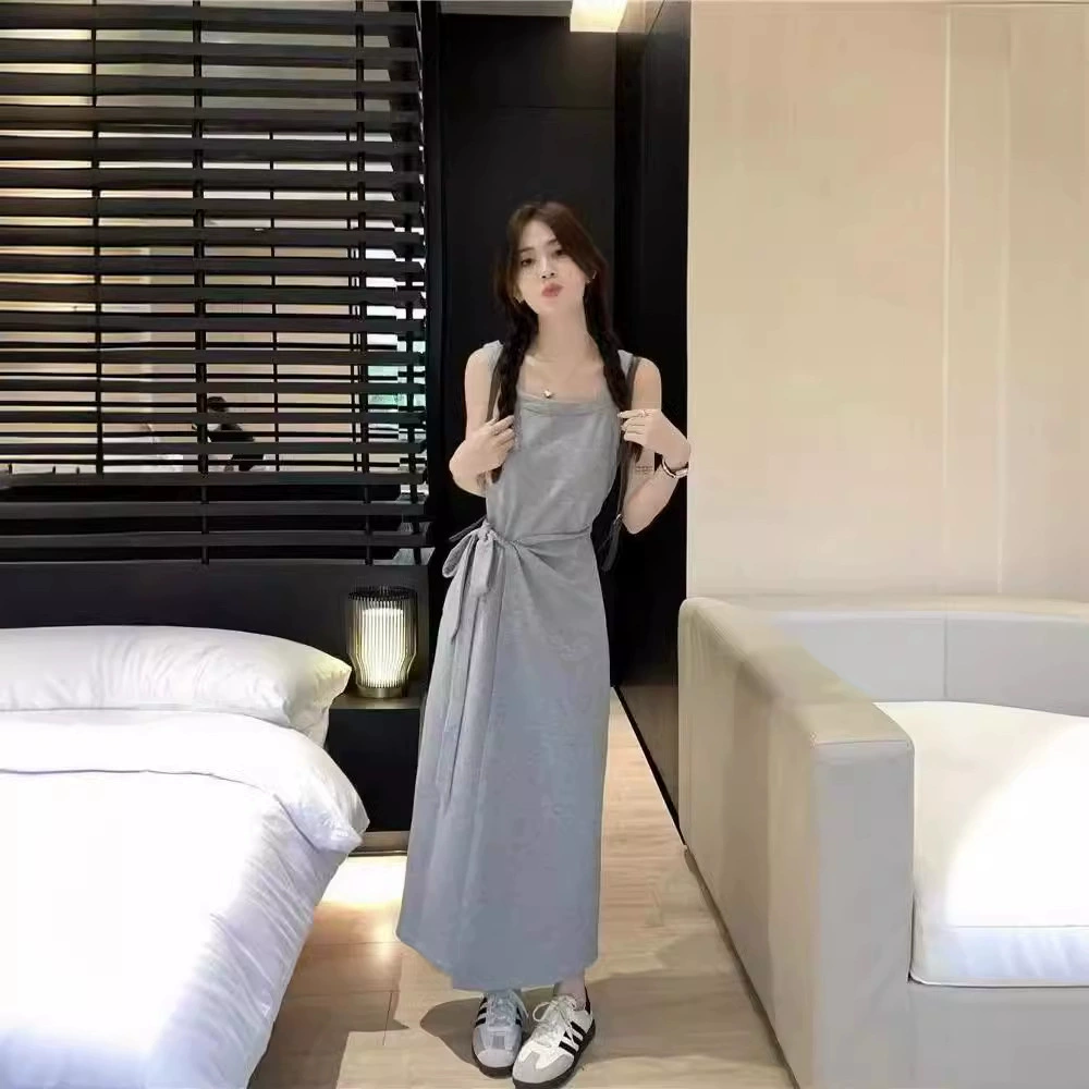 Летний новый стиль, французская ленивая женская повседневная темпераментная корейская стильная юбка-жилет на бретелях, длинная юбка, платье без рукавов на подтяжках
