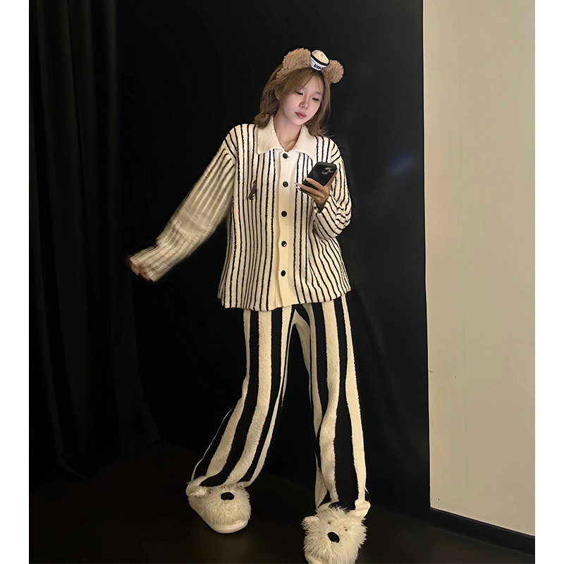 韩系纯欲高级小熊半边绒睡衣女冬季新款加厚毛绒针织家居服套装|undefined
