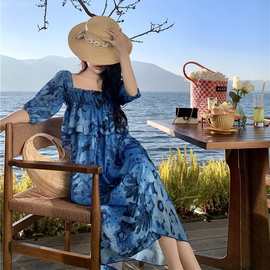 夏季蓝色一字肩连衣裙宽松遮肉三亚海边度假沙滩裙仙泰国旅游拍照