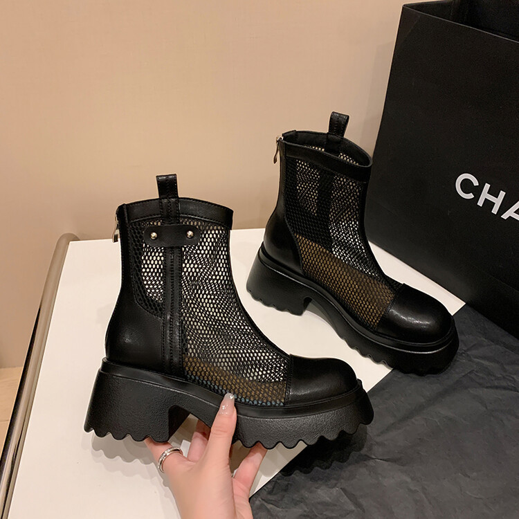 Boot nữ cổ cao đế dày gót bánh xốp da bò lưới thoáng khí xuân hè 2024 — Màu đen, Màu trắng be chi tiết 99