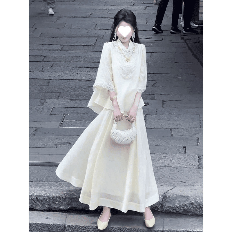 プラスサイズの太ったmmの新しい中国風のクールなヘビービーズのトップスとスカートの美しいスーツの夏服のセット|undefined