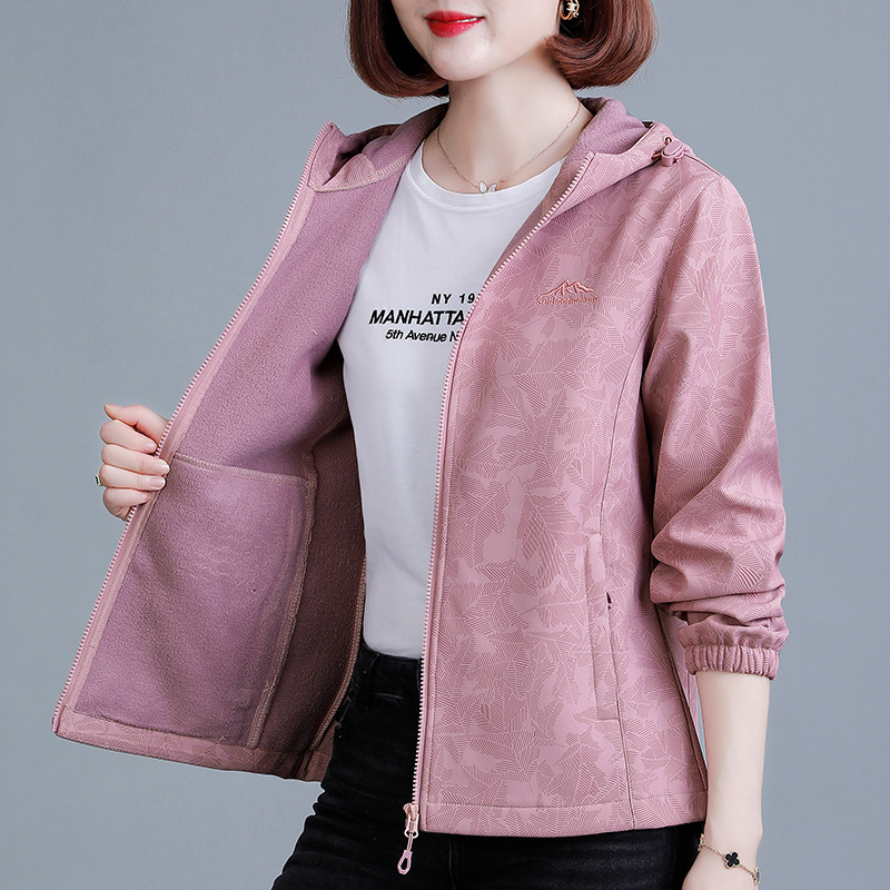 Soft Shell Jacket Women's Jacket Windbreaker 2025 Autum New Velvet Warm Hooded Autum and Winter Short Top Cross-Border