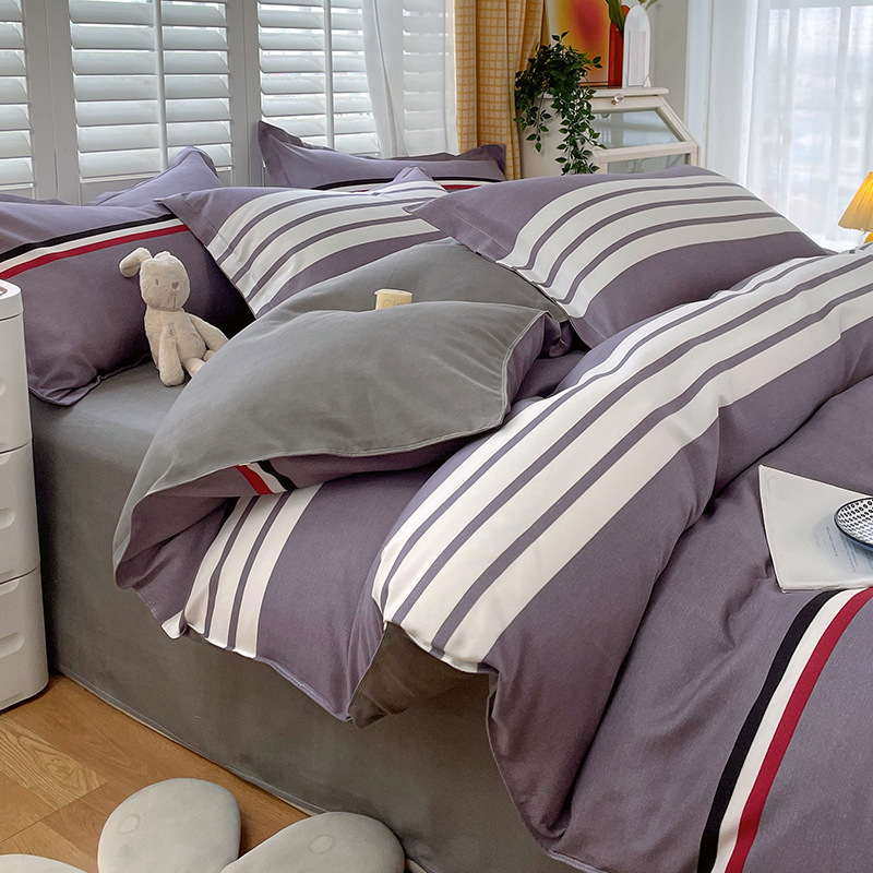 Japanese Style Brushed Bedding Set Four Piece Plaid Bed Sheets_voghion.com
